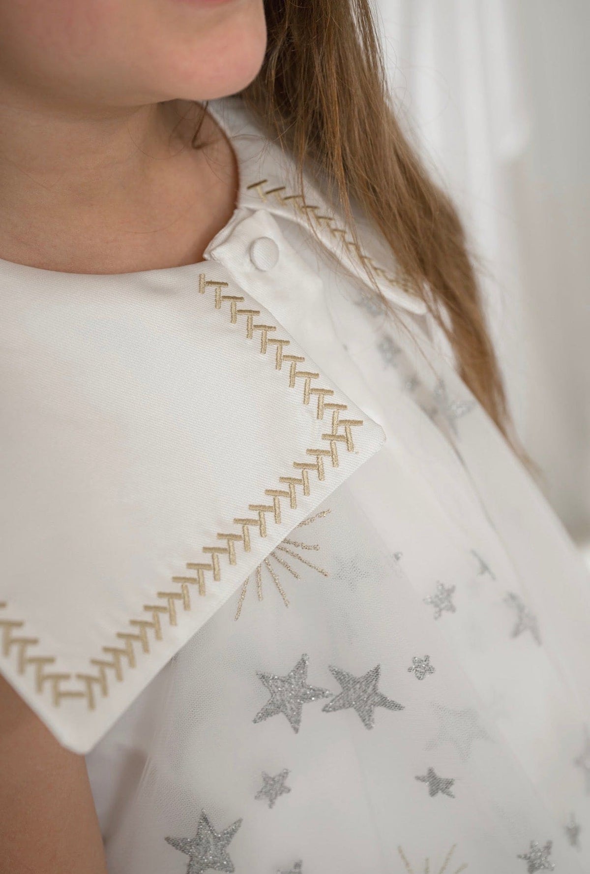 Star White Tulle Dress with Silver & Gold Embroidery