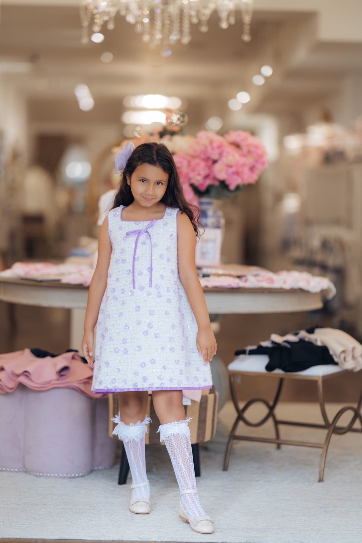 White Bouclé Tweed Dress with Lavender Flowers