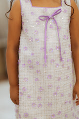 White Bouclé Tweed Dress with Lavender Flowers
