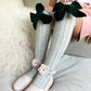 Grey Knee High Socks with Velvet Bows