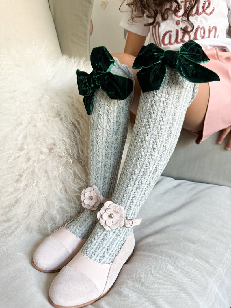 Grey Knee High Socks with Velvet Bows - Royal Green