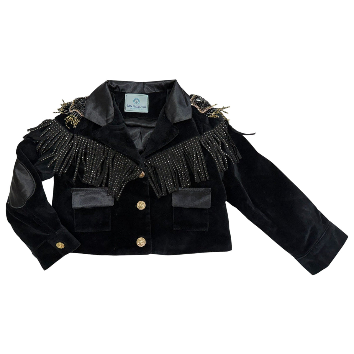 Girls' Black Cowboy Fringe Jacket with Gold Star Embroidery