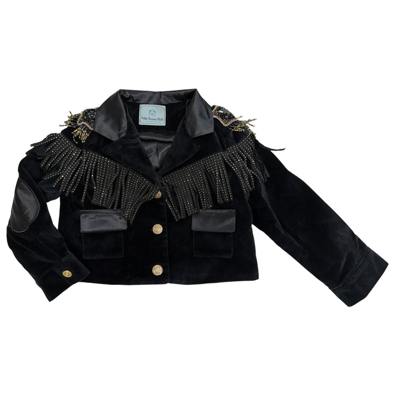 Girls' Black Cowboy Fringe Jacket with Gold Star Embroidery