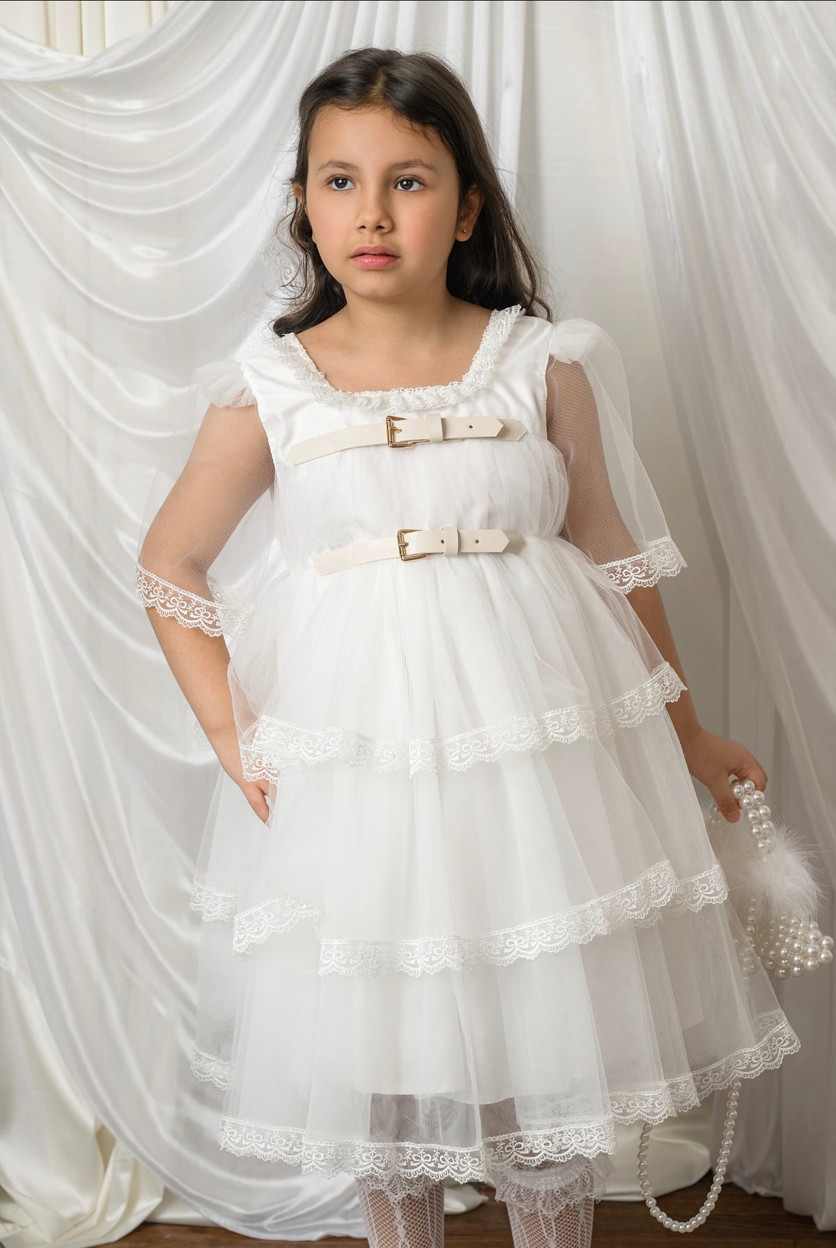 Savannah White Tulle Buckle Dress