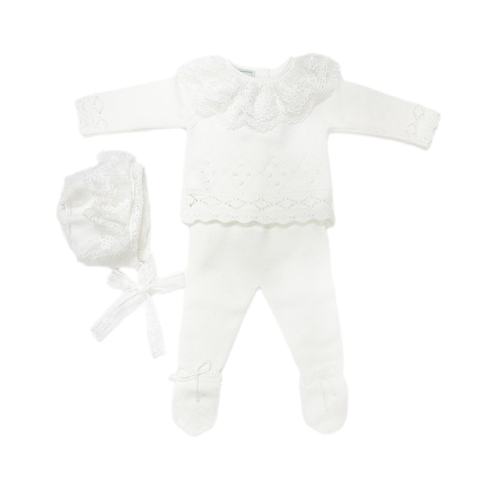 Ivory Three Piece Spanish Knit Baby Set with Lace