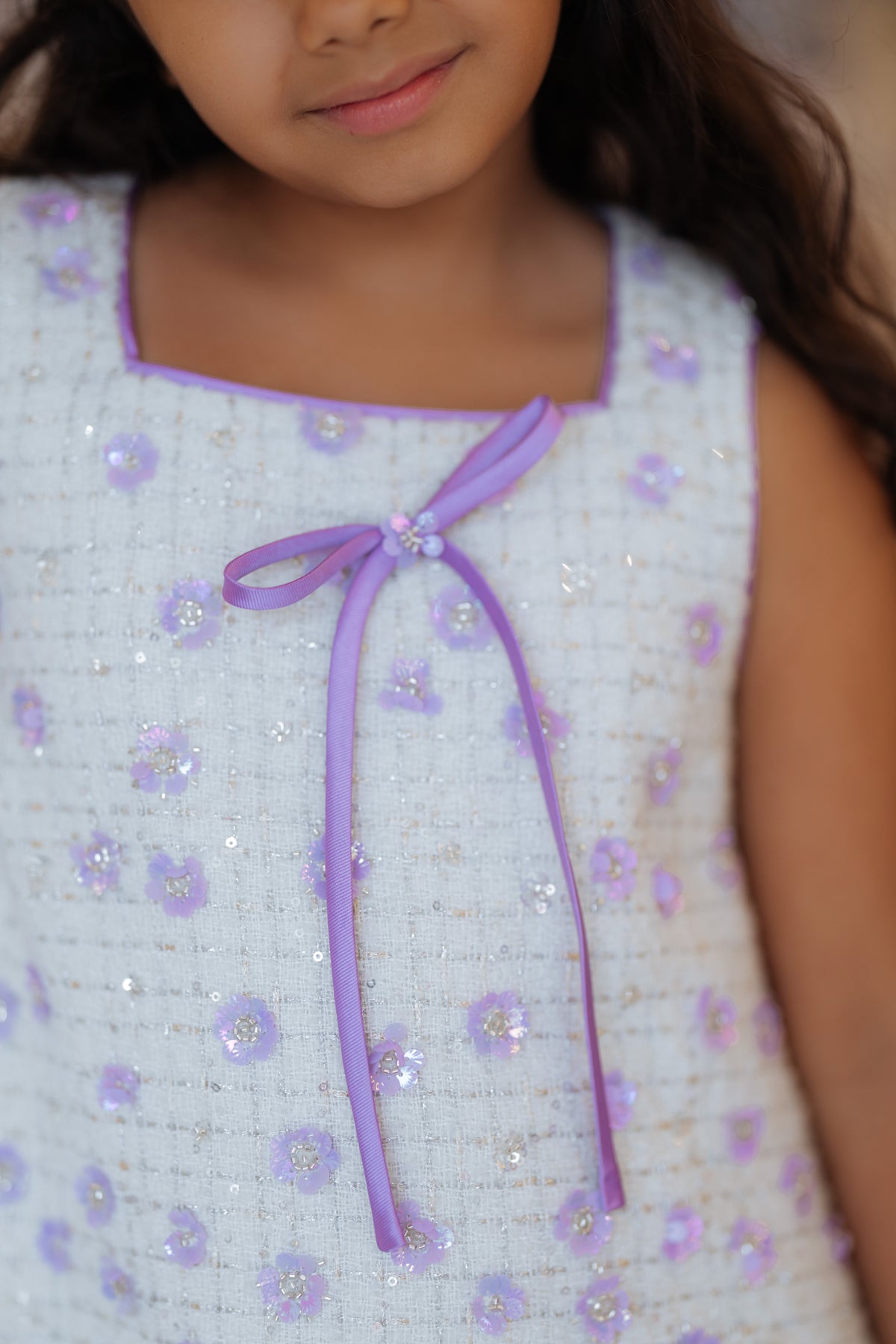 White Bouclé Tweed Dress with Lavender Flowers