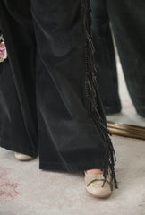 Cowboy Black Wide-Leg Cargo Pants with Fringe