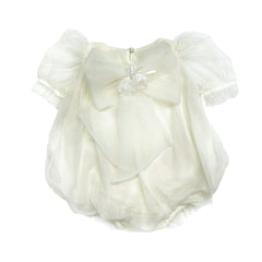 Bella ivory tulle baby romper with smocked front, faux pearl detail, organza bow with bell accents, and sheer tulle sleeves.