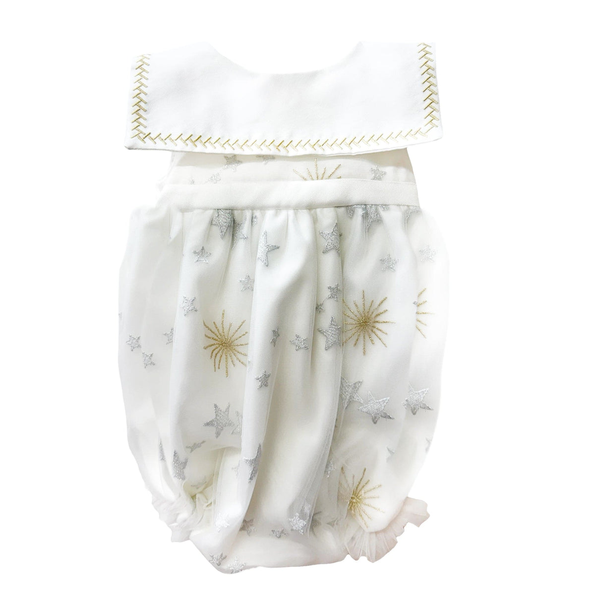 Star White Tulle Romper with Silver & Gold Embroidery