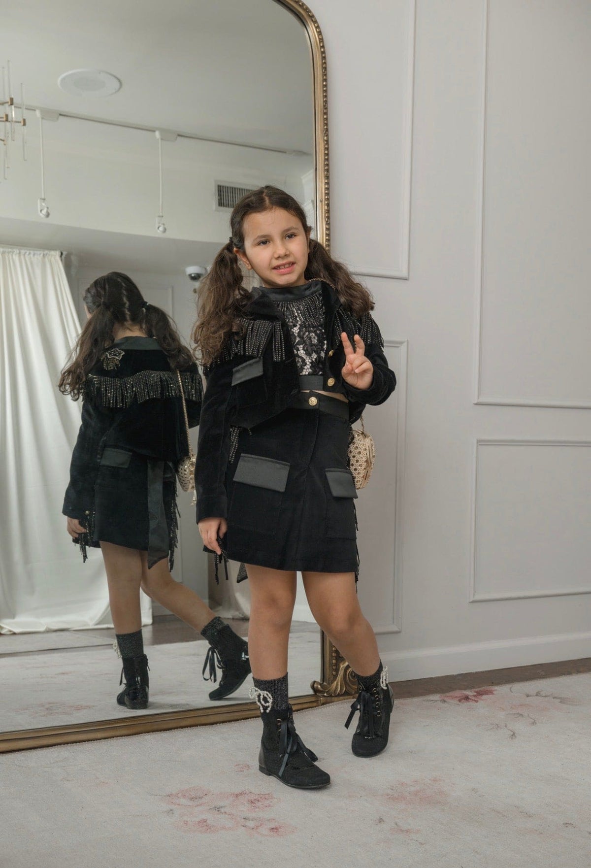 Girls' Black Cowboy Fringe Jacket with Gold Star Embroidery