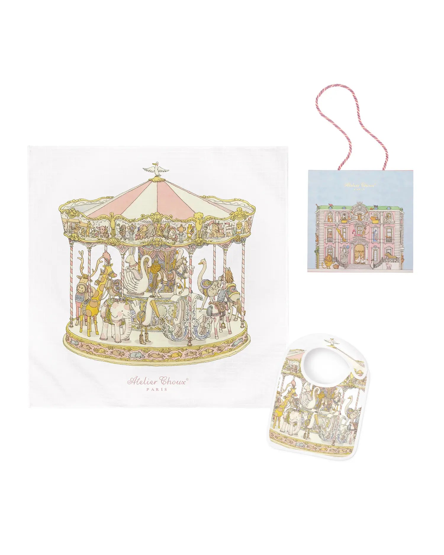 Atelier Choux Pink Carousel Carré And  Bib Gift Set