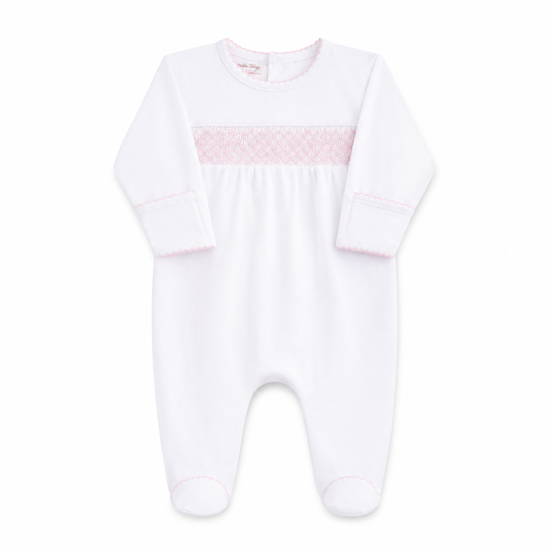 White Smocked Footie – Baby Girl Pima Cotton Coming Home Outfit