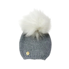 Honeycomb Grey Cashmere Beanie Hats - White Print Pom