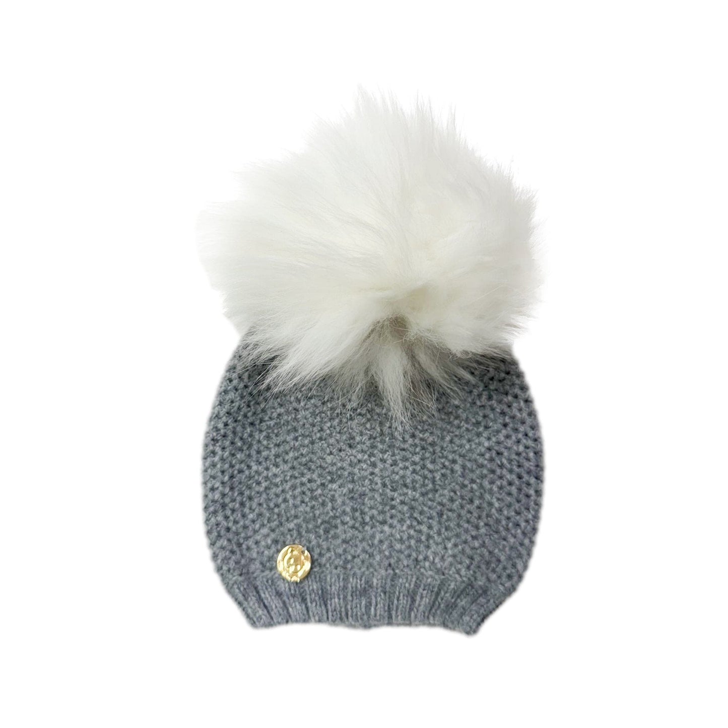 Honeycomb Grey Cashmere Beanie Hats - White Print Pom