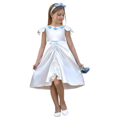 White satin dress with blue embroidery, hand beaded details, and criss cross back. Perfect for weddings, Easter, and special occasions.