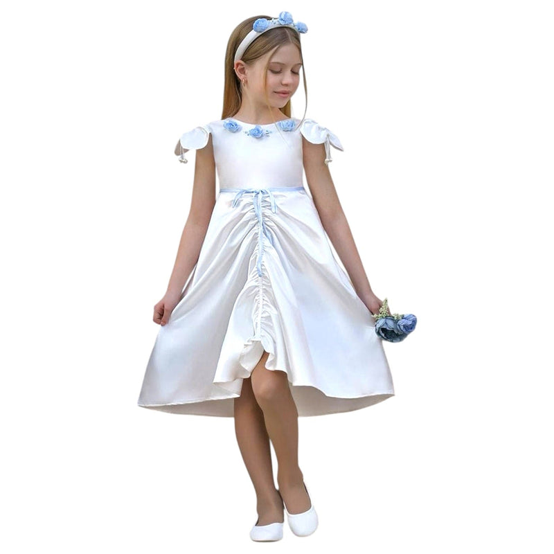 Daphne White Satin Dress with Blue Embroidery