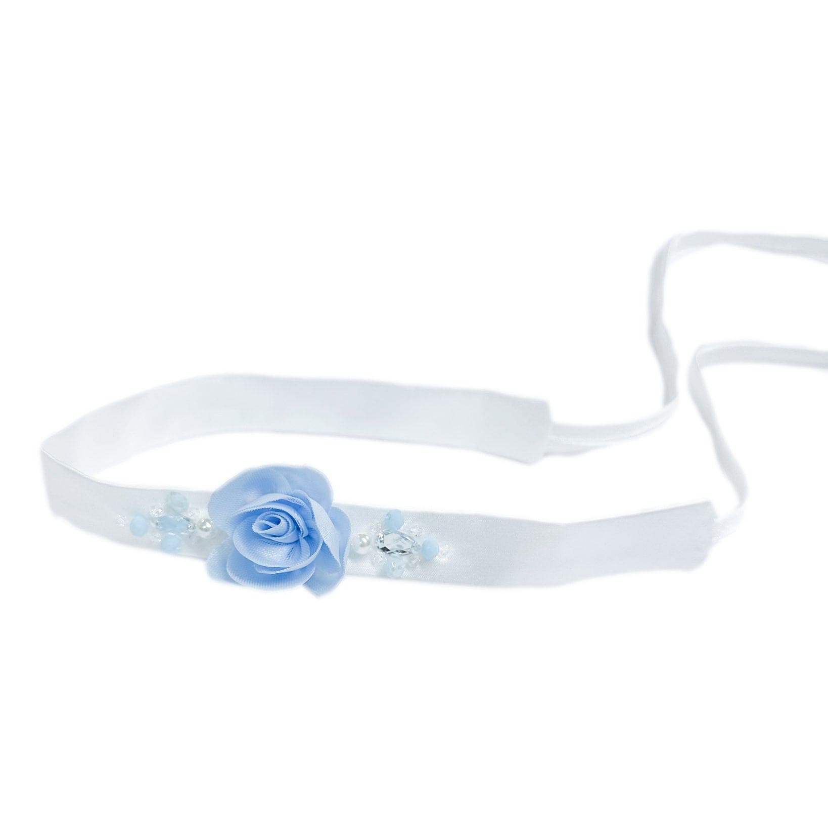 Daphne white satin hair sash with blue embroidered flowers, hand beaded pearls and jewels, adjustable ties, and soft satin lining for girls.