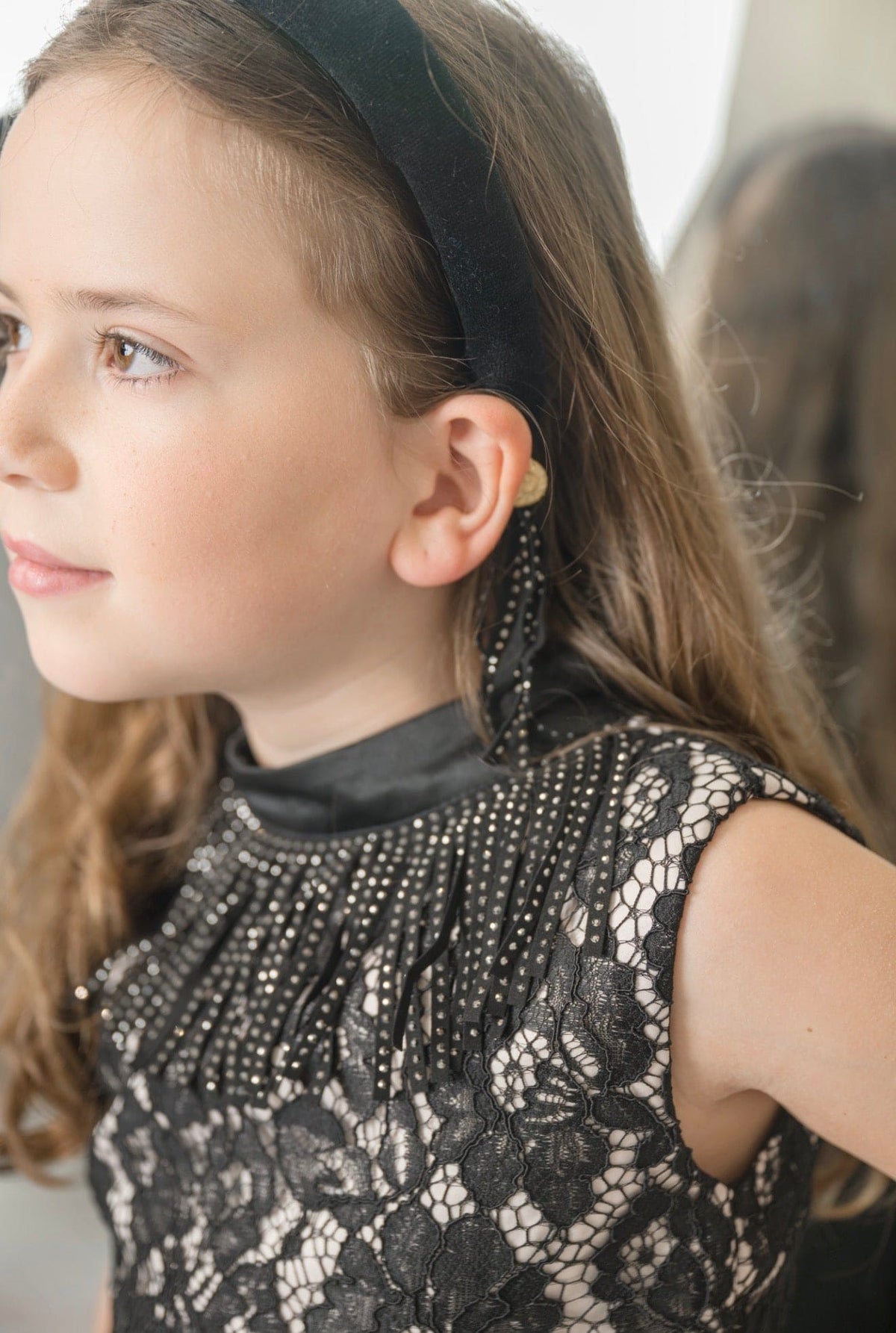 Cowboy Black Velour Bow Headband with Fringe & Gold Buttons