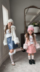 Pink Cableknit Faux Fur Cotton Cardigan