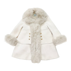 An off-white faux fur coat with a matching faux fur collar, cuffs, and center trim, featuring gold button accents on the front, displayed on a solid white background.