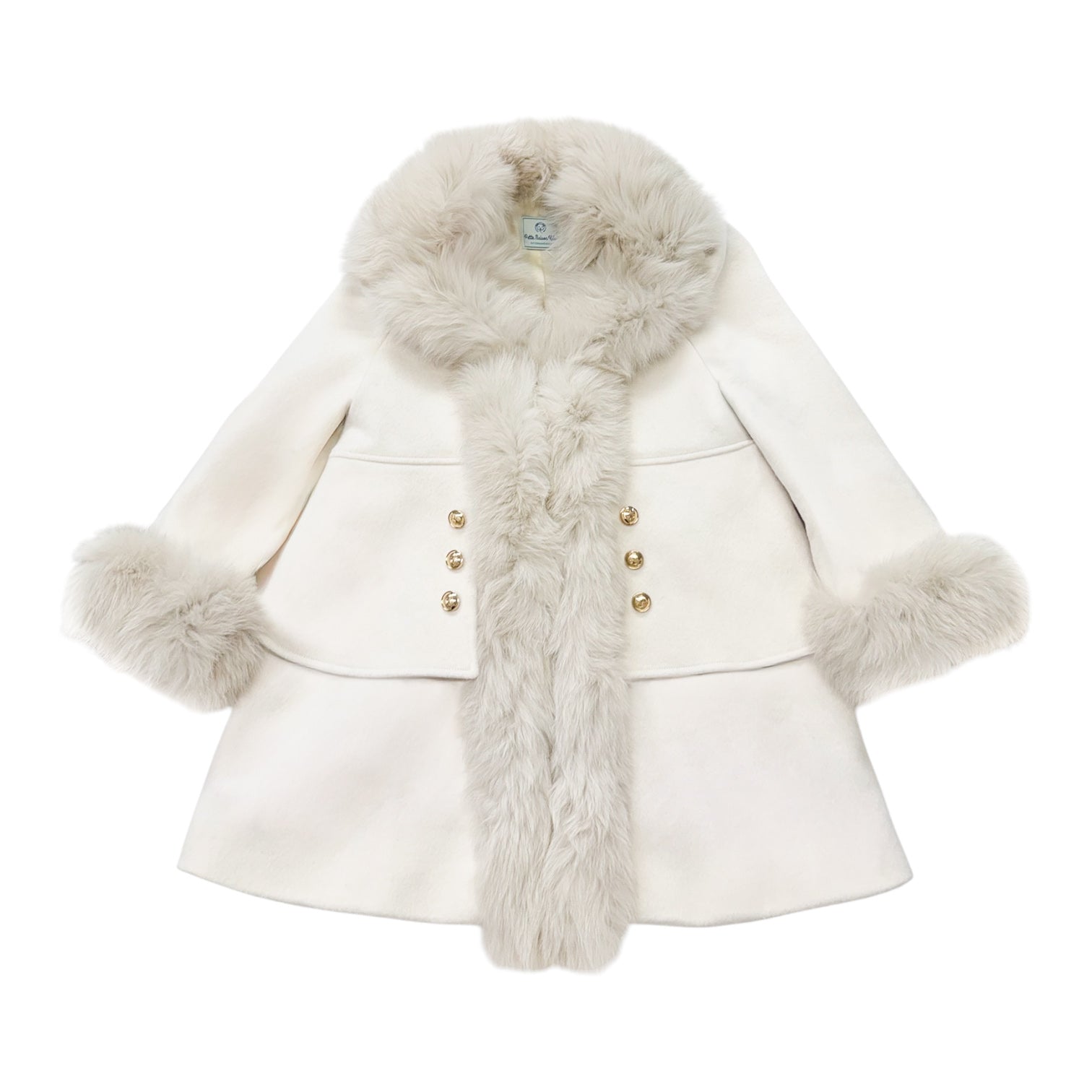 An off-white faux fur coat with a matching faux fur collar, cuffs, and center trim, featuring gold button accents on the front, displayed on a solid white background.