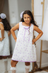 White Bouclé Tweed Dress with Lavender Flowers