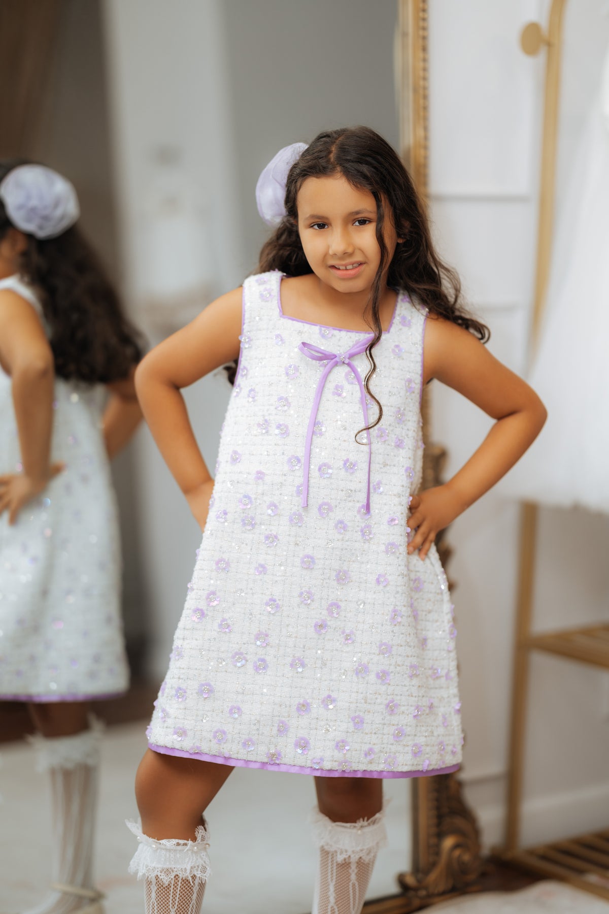 White Bouclé Tweed Dress with Lavender Flowers