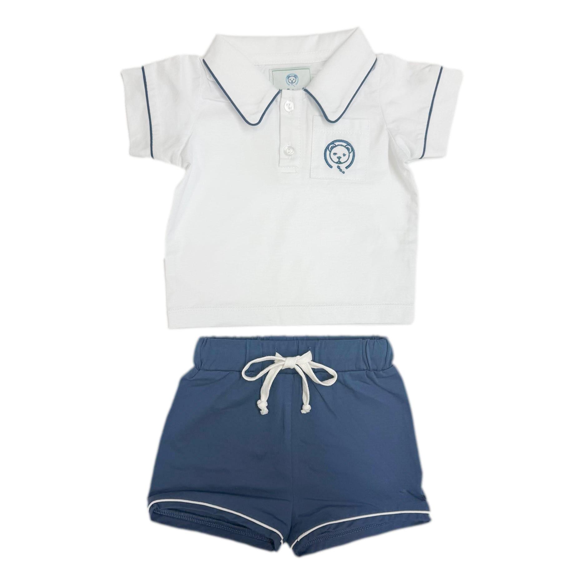 White and Navy Pima Cotton Polo Top and Shorts Set