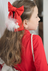 Anise Satin Embroidered Hair Bow in red statement bow with feather detail