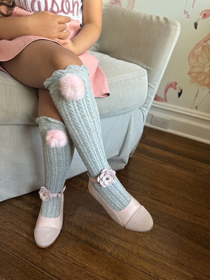 Grey Knee High Socks with Poms - Pink Pom