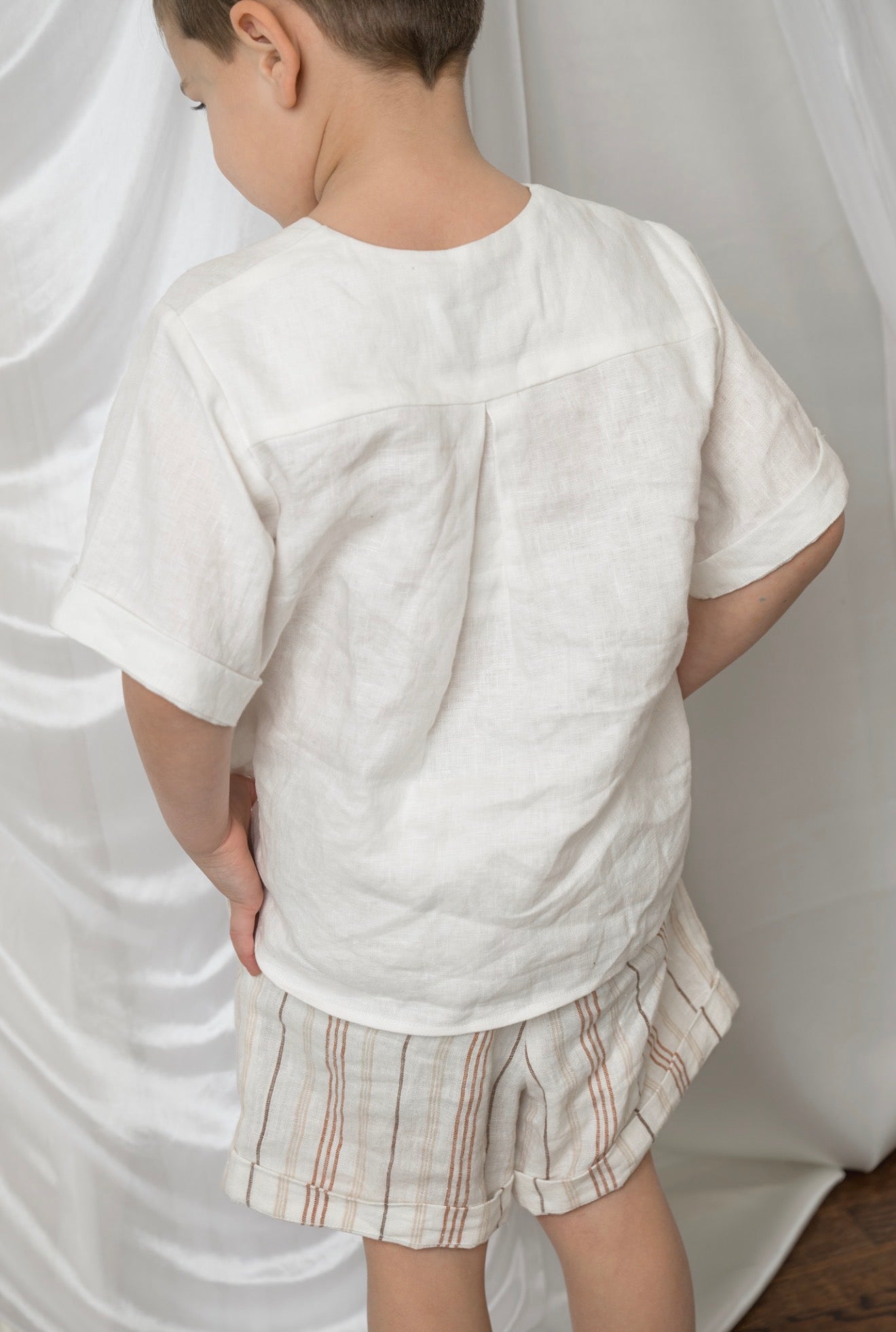 White and Beige Boys' Striped Linen Shorts