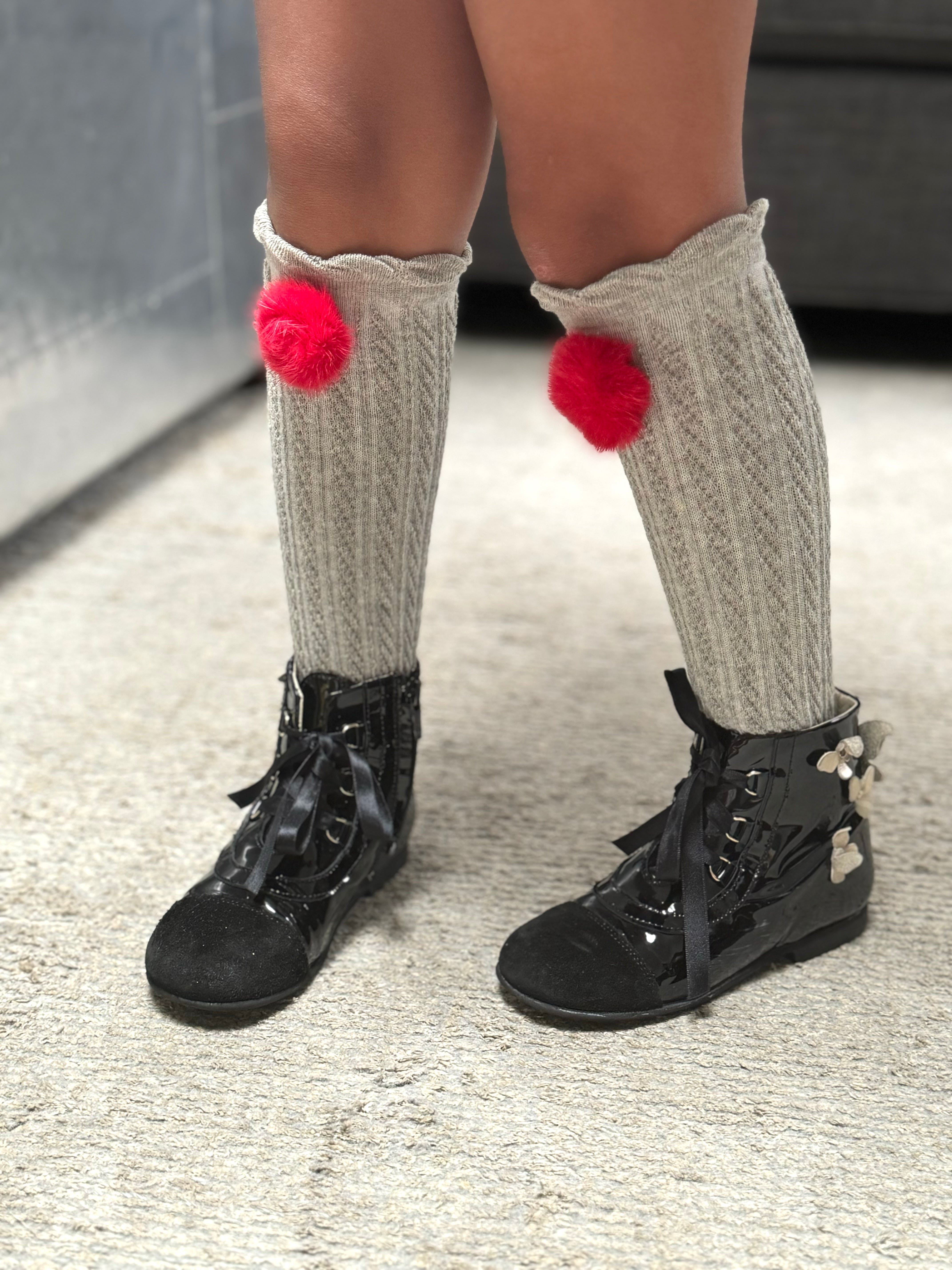 Grey Knee High Socks with Poms