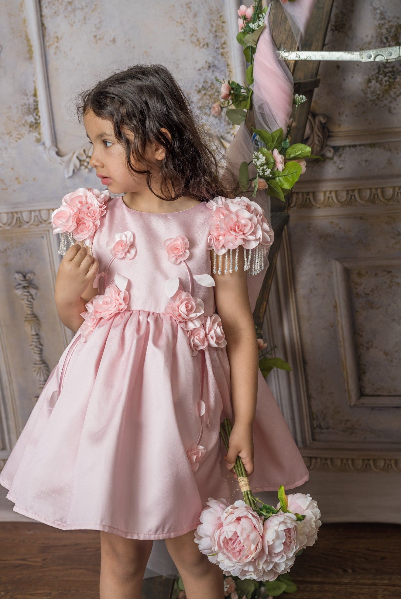 Azalea Pink Dress With Shoulder Flowers
