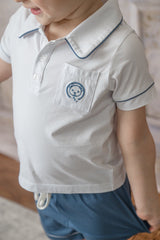 White and Navy Pima Cotton Polo Top and Shorts Set