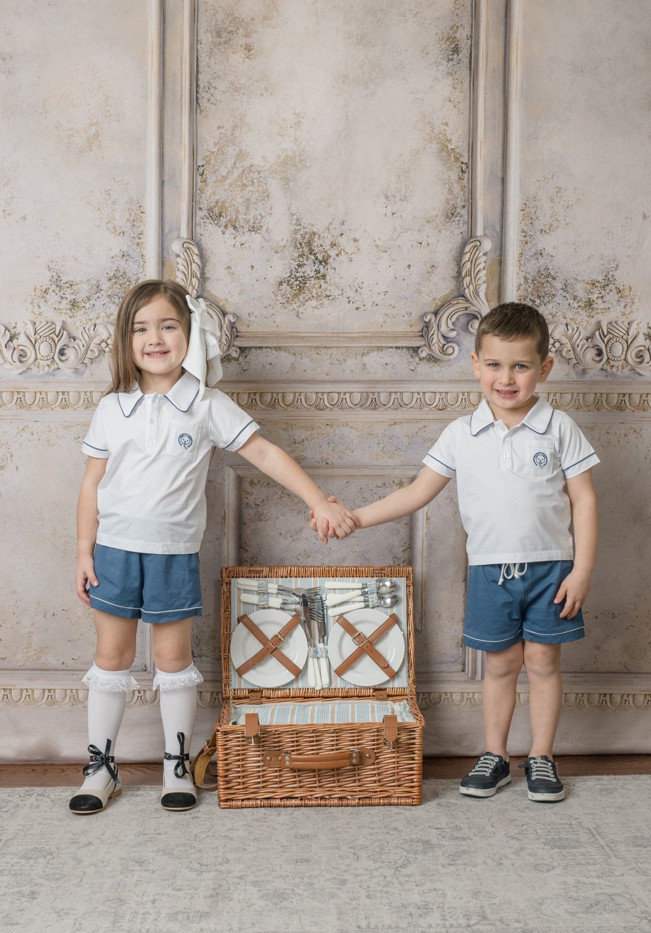 White and Navy Pima Cotton Polo Top and Shorts Set