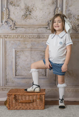 White and Navy Pima Cotton Polo Top and Shorts Set