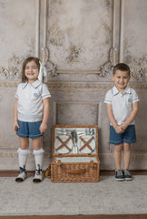 White and Navy Pima Cotton Polo Top and Shorts Set