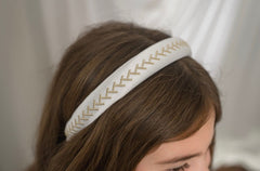 Star White Embroidered Bow Headband with Gold Embroidery