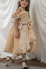 Charlie Gold Jacquard Bow Dress for Girls