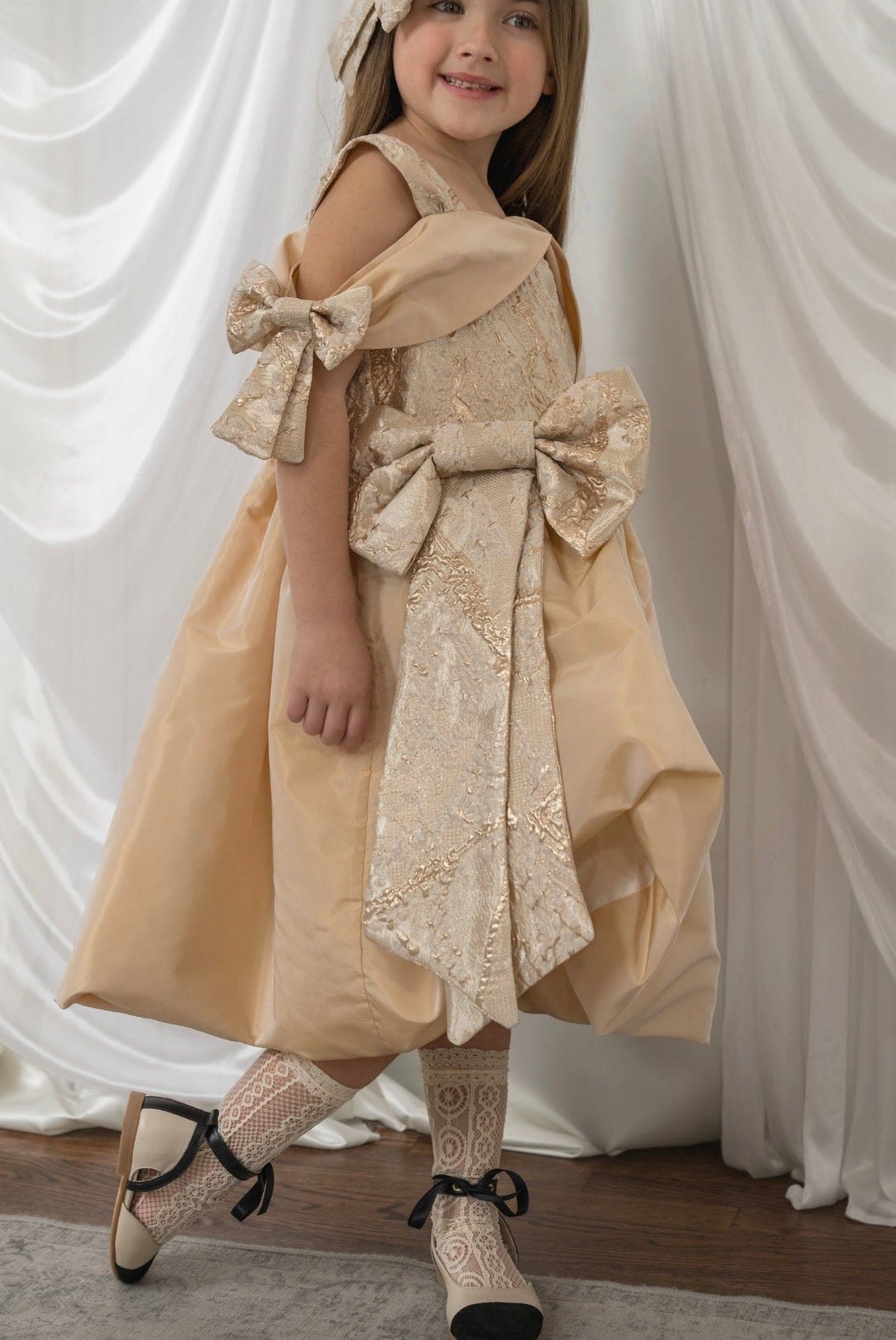 Charlie Gold Jacquard Bow Dress for Girls
