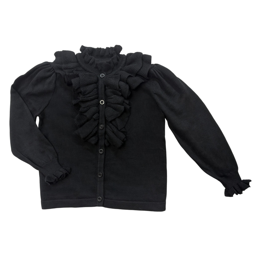Black Cotton Knit Ruffle Cardigan