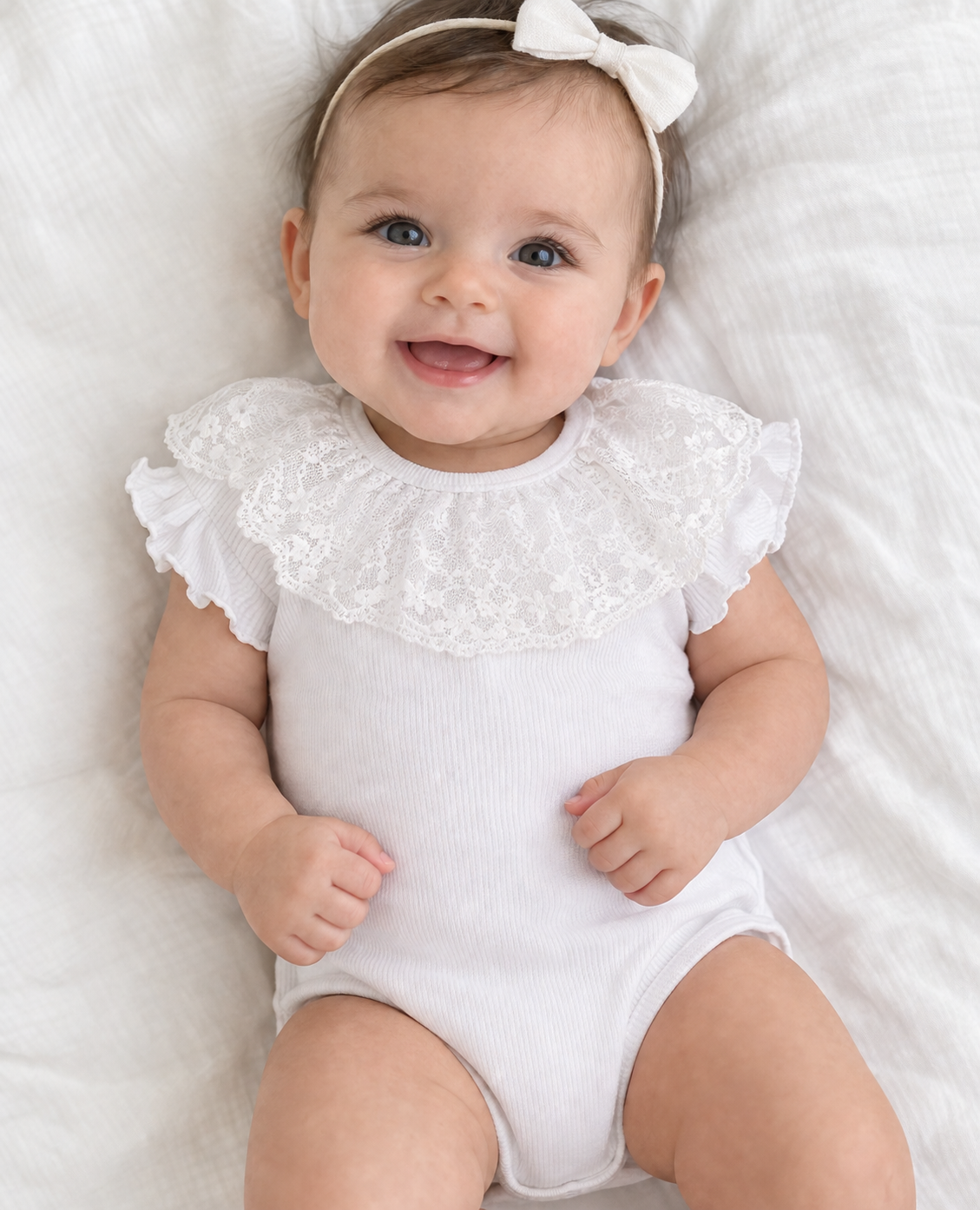 Tuly White Baby Bodysuit with Lace Collar