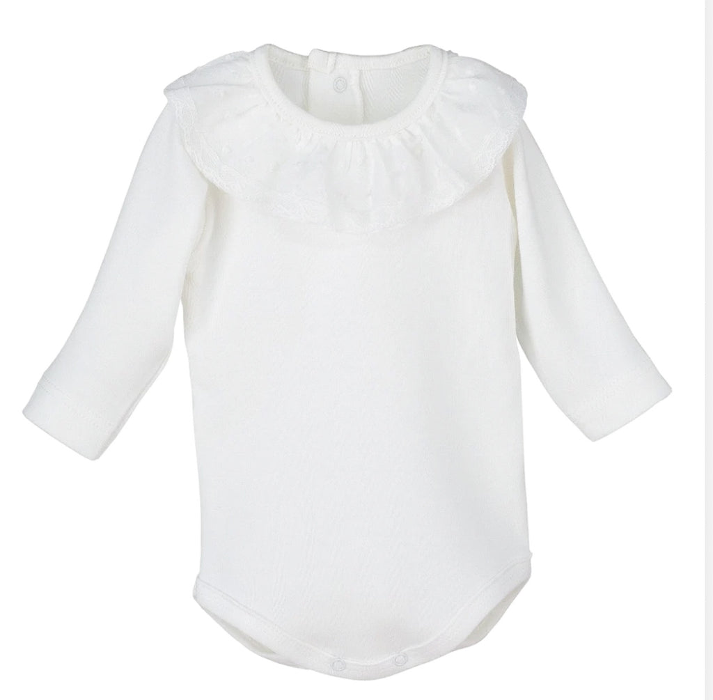 Off-White Cotton Baby Bodysuit with Plumetis Collar