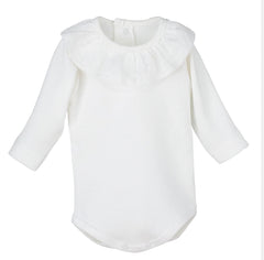 Off-White Cotton Baby Bodysuit with Plumetis Collar