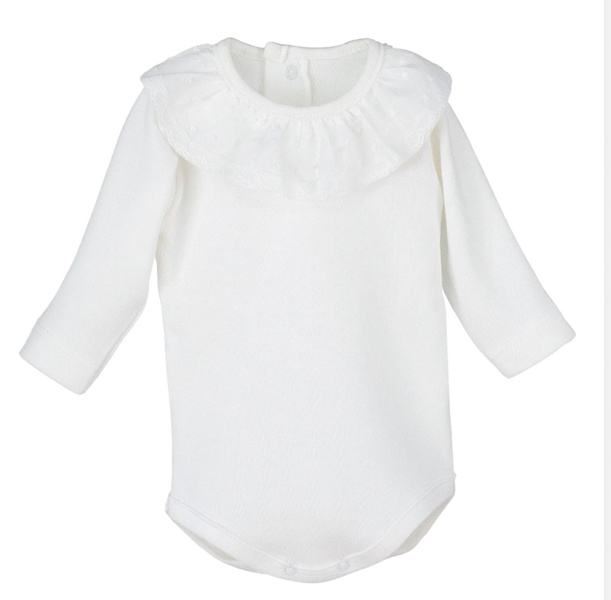 Off-White Cotton Baby Bodysuit with Plumetis Collar