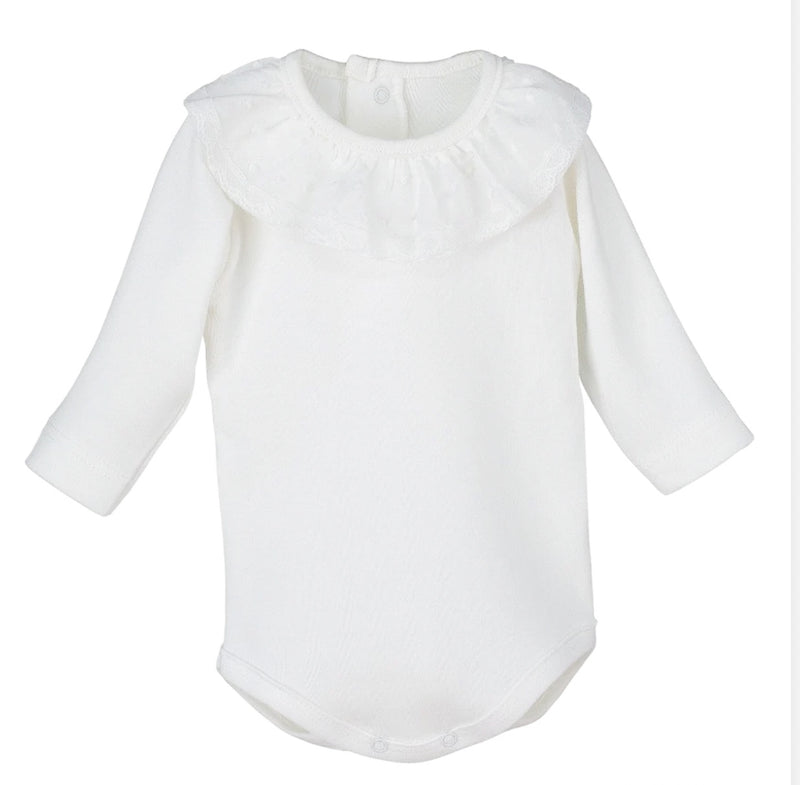 Off-White Cotton Baby Bodysuit with Plumetis Collar