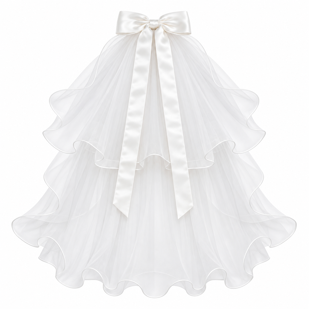 Girls White Tulle & Satin Bow Ceremony Veil