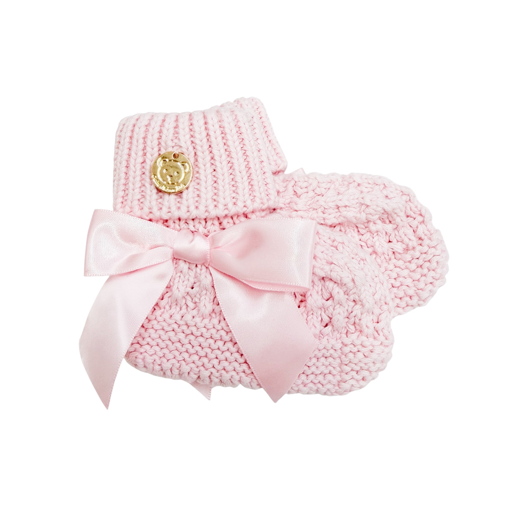 Pink Cotton Knit Baby Booties with Satin Bow