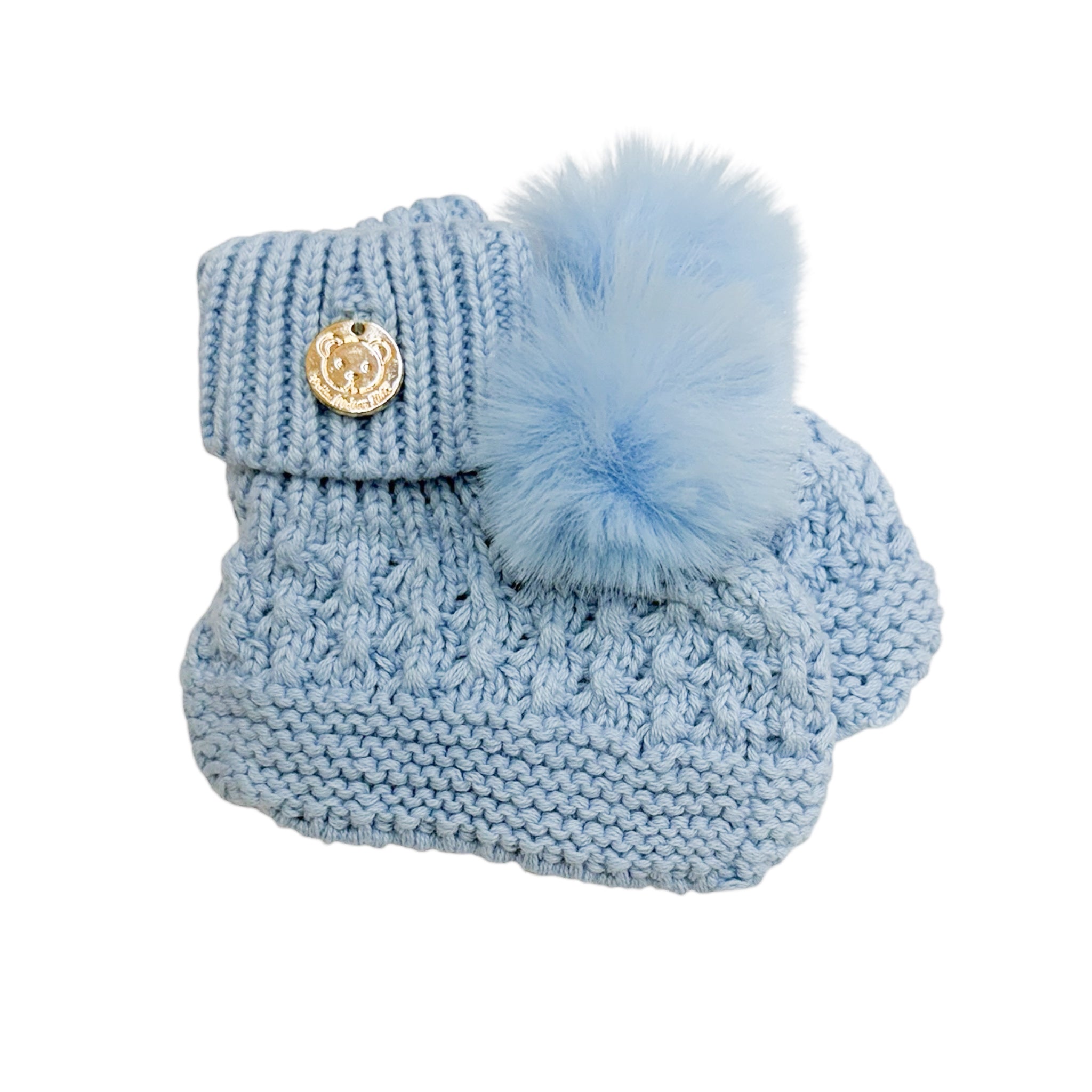 Baby Blue Cotton Knit Baby Booties with Poms