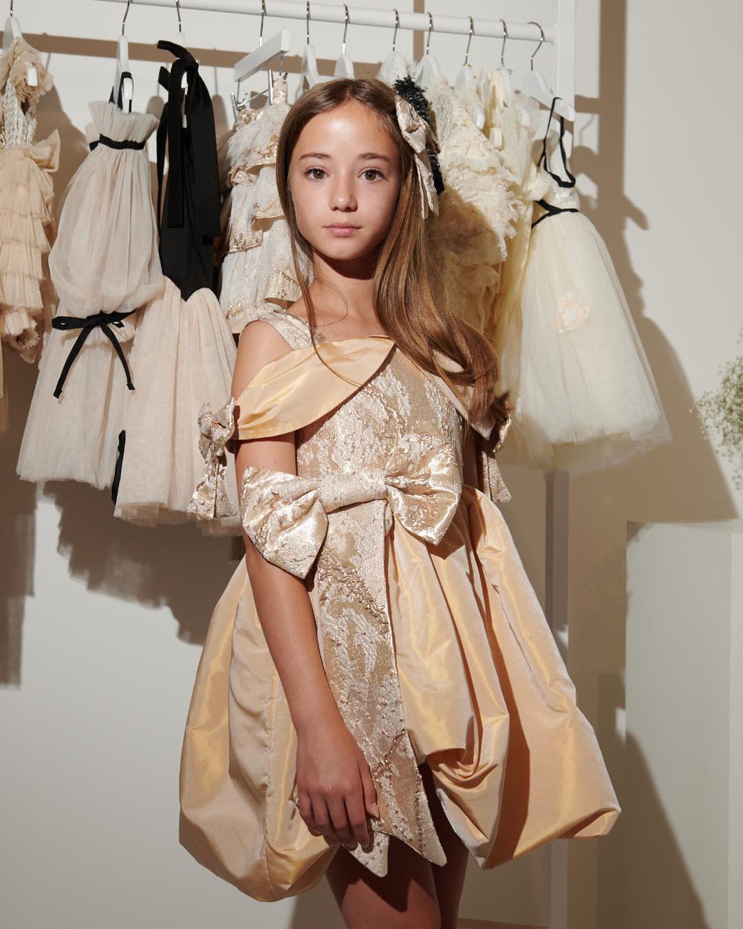 Charlie Gold Jacquard Bow Dress for Girls